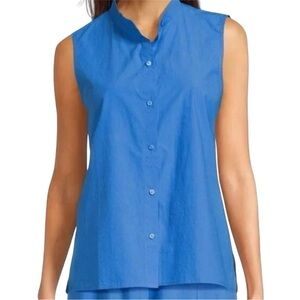 Eileen Fisher Womens Washed Organic Calypso Cotton Poplin Sky Blue Sleeveless Lg
